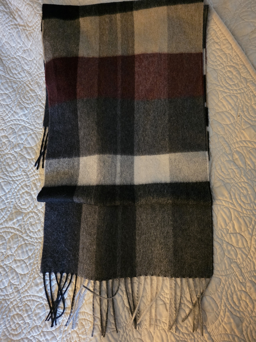 Jos. A. Bank Grey Plaid Scarf with Burgundy and Cream Accents